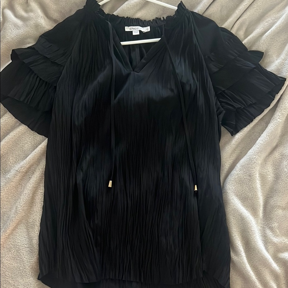 Chico's Black Pleated Ruffled Blouse